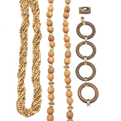 Lot 393 - Eight Strand Tan Agate Bead Torsade Necklace, Wood Bead Necklace, Bracelet and Ring