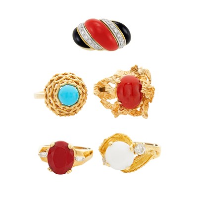 Lot 279 - Five Gold, Enamel, Stone and Diamond Rings