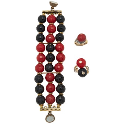 Lot 135 - Triple Strand Red Stone and Black Onyx Bead Bracelet and Two Rings