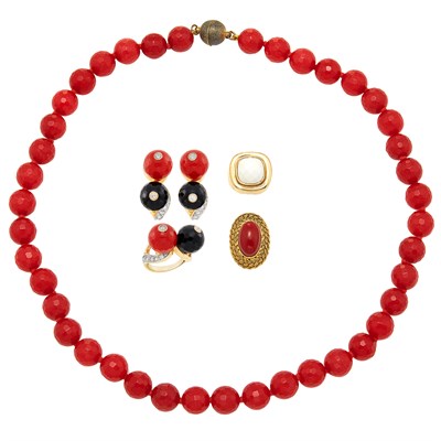 Lot 365 - Group of Red and Black Stone Bead and Diamond Jewelry