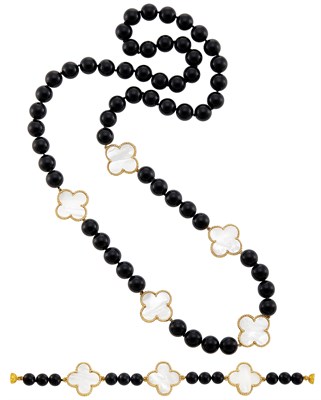 Lot 224 - Black Onyx Bead, Gold and Mother-of-Pearl Clover Necklace and Bracelet