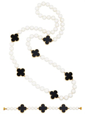 Lot 221 - Freshwater and Cultured Pearl, Gold and Black Onyx Clover Necklace and Bracelet