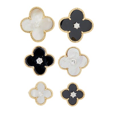 Lot 35 - Four Gold, Black Onyx, Mother-of-Pearl and Diamond Clover Rings and Pair of Earclips