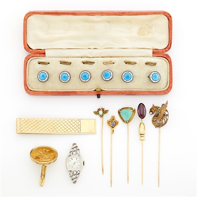 Lot 1788 - Group of Gold and Gem-Set Stick Pins, Money Clip, Enamel Shirt Studs and Fragments