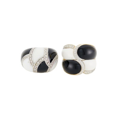 Lot 283 - Two Gold-Plated White Gold, Black Onyx, White Agate and Diamond Bombé Rings