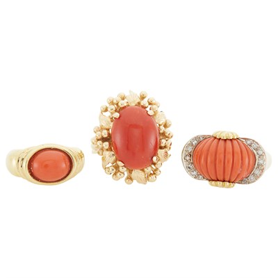 Lot 358 - Three Gold, Coral and Diamond Rings