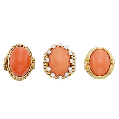 Lot 356 - Three Gold, Coral and Diamond Rings