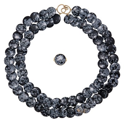 Lot 83 - Double Stand Snowflake Agate Disc Bead Necklace and Ring