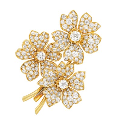 Lot 435 - Gold and Diamond Flower Clip-Brooch, France