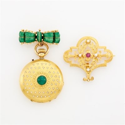 Lot 1725 - Gold, Ruby and Pearl Pendant-Brooch and Gold, Enamel, Cabochon Emerald and Diamond Hunting Case Lapel Watch