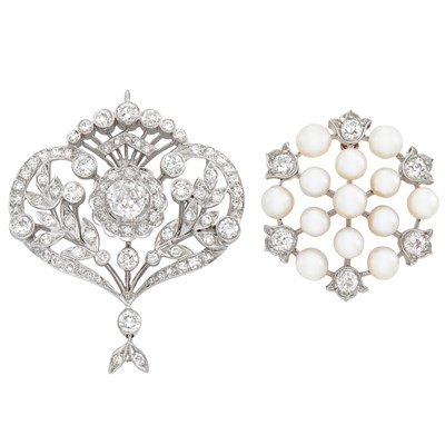 Lot 172 - Gold, Platinum, Pearl and Diamond Pendant-Brooch and Platinum and Diamond Pendant-Brooch