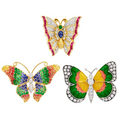Lot 1307 - Three Two-Color Gold, Diamond, Gem-Set and Enamel Butterfly Pins