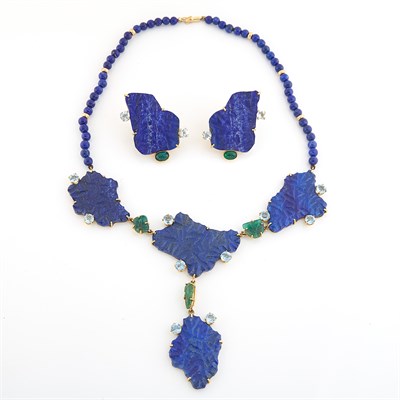 Lot 1604 - Gold, Lapis Bead, Carved Lapis and Emerald and Aquamarine Necklace, Cellino, and Pair of Earclips