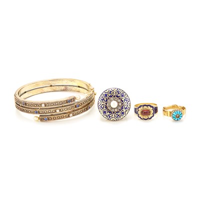 Lot 1327 - Antique Gold, Sapphire, Diamond and Pearl Bangle Bracelet, Two Rings and Brooch