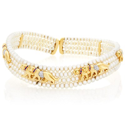 Lot 710 - Four Strand Freshwater Pearl, Gold, Cabochon Sapphire, Ruby and Diamond Panther Choker Necklace