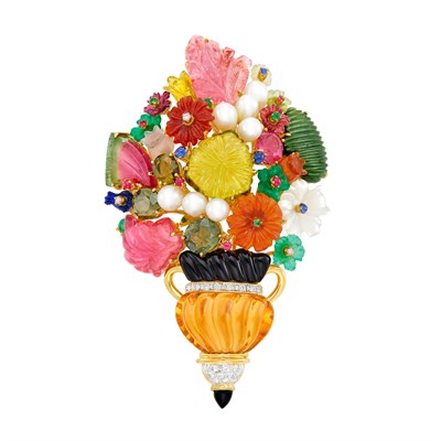 Lot 1197 - Gold, Carved Colored and Hardstone, Mother-of-Pearl, Freshwater Pearl, Gem-Set and Diamond Bouquet Brooch