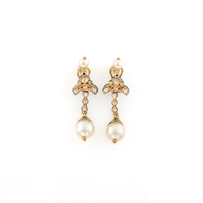 Lot 1044 - Pair of Indian Gold, Enamel, Pearl and Diamond Pendant-Earrings