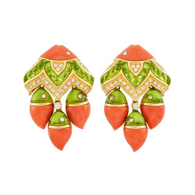 Lot 40 - Pair of Gold, Coral, Cabochon Peridot and Diamond Fish Earclips