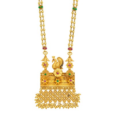 Lot 320 - Double Strand Indian Gold and Cabochon Ruby and Emerald Pendant-Necklace