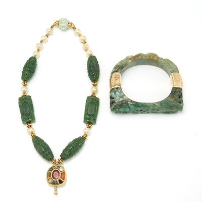 Lot 1713 - Carved Jade and Gold Bangle Bracelet and Necklace with Gem-Set Pendant