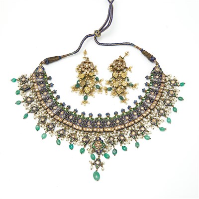 Lot 1668 - Indian Gold, Metal, Enamel, White Sapphire, Diamond, Emerald and Sapphire Bead Necklace on Cord and Pair of Pendant-Earrings