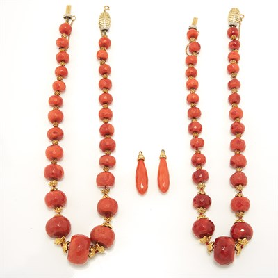 Lot 1028 - Two Coral and Gold Bead and Diamond Necklaces and Pair of Earring Jackets