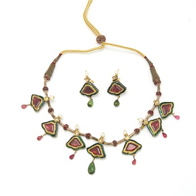 Lot 1650 - Indian Silver, Gold, Metal, Paste, White Sapphire, Tourmaline Bead, Freshwater Pearl and Enamel Necklace on Cord and Pair of Pendant-Earrings