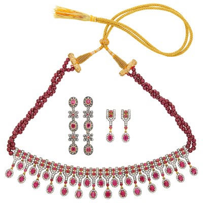 Lot 1659 - Double Strand Garnet Bead, Gold, Silver, Ruby and Diamond Fringe Necklace with Cord and Two Pairs of Pendant-Earrings
