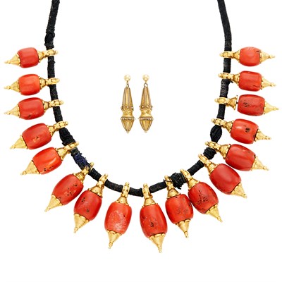 Lot 692 - Gold, Coral and Cabochon Ruby and Black Thread Cord Necklace and Pair of Vermeil Pendant-Earrings