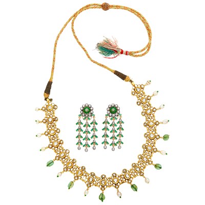 Lot 1661 - Silver, Gold, Foil-Backed Diamond, Emerald and Pearl Necklace with Cord and Pair of Diamond, Emerald and Enamel Pendant-Earrings