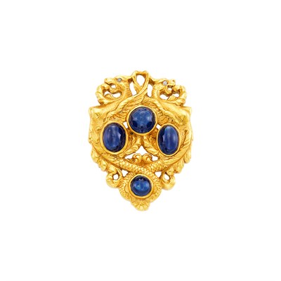 Lot 133 - Antique Gold, Cabochon Sapphire and Diamond Griffin Brooch