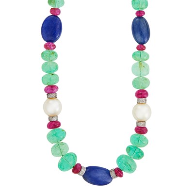 Lot 800 - Emerald, Ruby and Sapphire Bead, Cultured Pearl, White Gold and Diamond Necklace