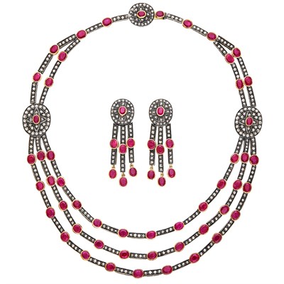 Lot 569 - Multistrand Silver, Gold, Ruby and Diamond Swag Necklace and Pair of Fringe Pendant-Earrings