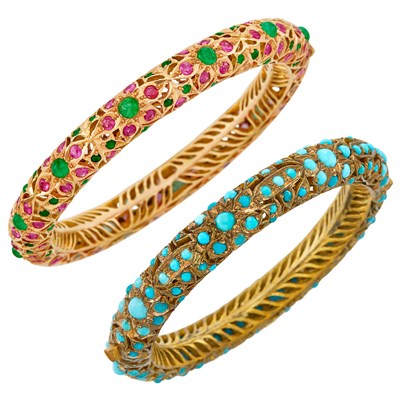 Lot 563 - Indian Silver-Gilt and Turquoise Bangle Bracelet and Rose Gold and Gem-Set Bangle Bracelet