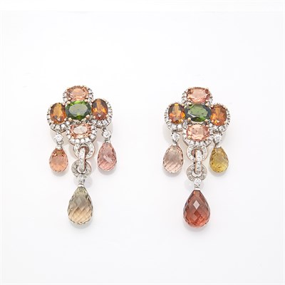 Lot 1023 - Pair of Two-Color Gold, Citrine, Tourmaline and Diamond Pendant-Earrings