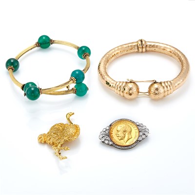 Lot 1487 - Platinum, Gold Coin and Diamond Brooch, Gold Bangle Bracelet, Low Karat Gold and Bead Bangle Bracelet and Costume Pin