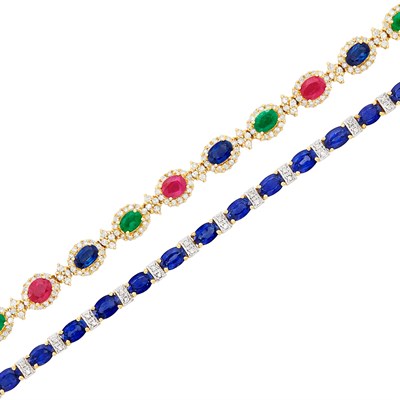 Lot 1244 - Two Gold, Gem-Set and Diamond Straightline Bracelets