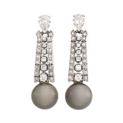 Lot 223 - Pair of White Gold, Diamond and Gray Cultured Pearl Pendant-Earrings