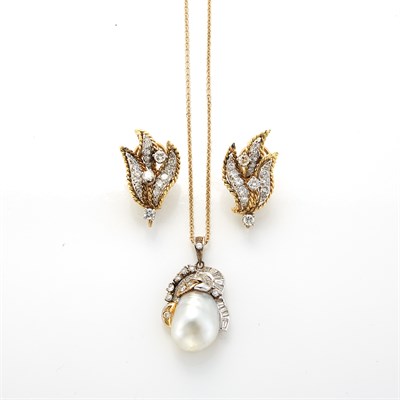 Lot 1412 - Two-Color Gold and Diamond Earrings and Baroque Cultured Pearl and Diamond Pendant with Chain Necklace