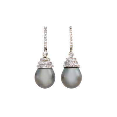 Lot 1170 - Pair of White Gold, Black Cultured Pearl and Diamond Pendant-Earrings