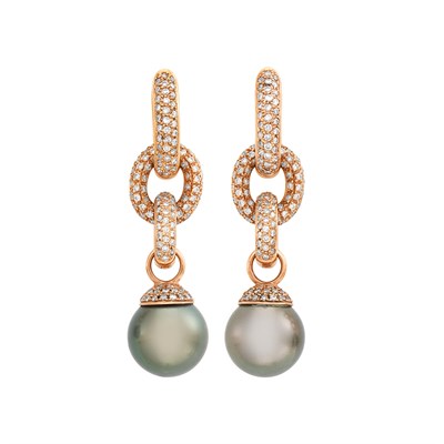 Lot 1072 - Pair of Rose Gold, Black Cultured Pearl and Diamond Pendant-Earrings