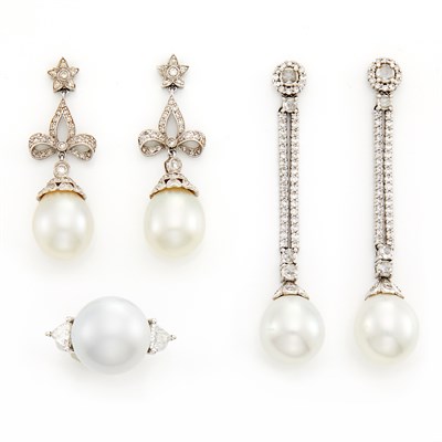Lot 1010 - Two Pairs of White Gold, Platinum, Diamond, South Sea and Cultured Pearl Pendant-Earrings and Ring