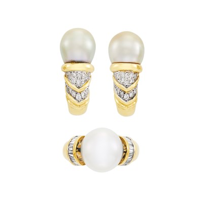 Lot 64 - Gold, South Sea Cultured Pearl and Diamond Ring and Pair of Earrings