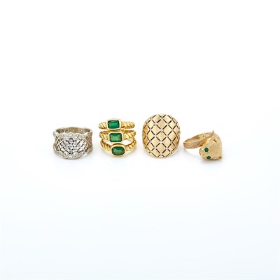 Lot 1469 - Four Yellow and White Gold, Diamond and Gem-Set Rings