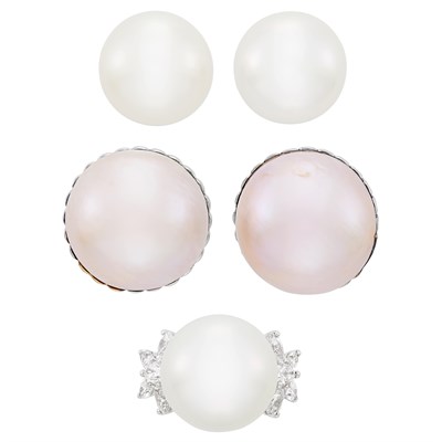 Lot 518 - White Gold, South Sea Cultured Pearl and Diamond Ring and Pair of Earrings and Pair of Mabé Pearl Earrings