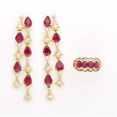 Lot 1627 - Pair of Gold, Ruby and Diamond Earrings and Ring