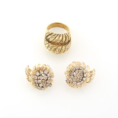 Lot 1522 - Gold Ring and Pair of Gold and Diamond Earrings