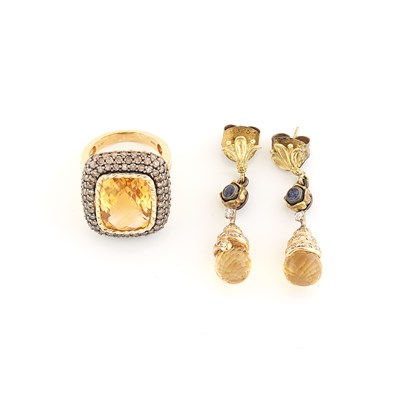 Lot 1383 - Gold, Citrine and Diamond Ring and Pair of Citrine, Sapphire and Diamond Pendant-Earrings