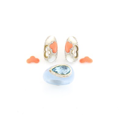 Lot 1519 - Gold, Blue Chalcedony, Blue Topaz and Diamond Ring and Pair of Coral, Mother-of-Pearl and Diamond Earrings