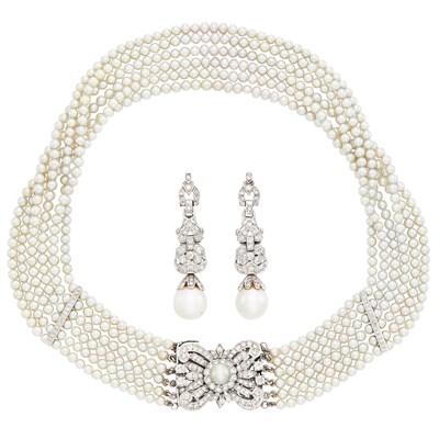 Lot 791 - Multistrand Cultured and Freshwater Pearl, White Gold and Diamond Necklace and Pair of Pendant-Earrings
